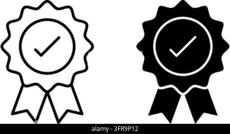 Schwarze Umrisse und solide Vektor-Icons, die ein zertifiziertes Auszeichnungsschild mit Bändern und einem Häkchen-Symbol darstellen, isoliert auf einem sauberen weißen Hintergrund. Stock Vektor
