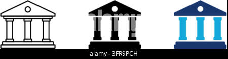 Drei minimalistische Vektor-Icons für Bank- und Museumsgebäude in Umriss-, Vollschwarz- und Farbversionen vor einem sauberen Hintergrund dargestellt, geeignet Stock Vektor