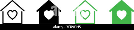 Vier minimalistische Haus- und Gesundheits-Herz-Vektor-Icons mit Umriss- und Vollstil in Schwarz und Grün, isoliert auf einem sauberen weißen Hintergrund Stock Vektor