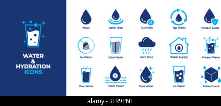 Thirteen Wasser- und Hydrations-Farbvektor-Icons-Set mit Flüssigkeitssymbolen, Tröpfchen, Gläsern und erfrischenden Elementen auf weißem und dunkelblauem Hintergrund Stock Vektor