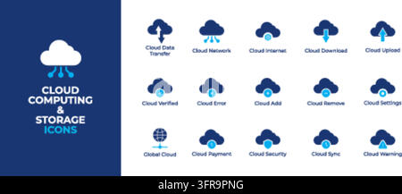 Sammlung von vierzehn minimalistischen Cloud-Computing- und Speicher-Farbvektoren, die auf einem sauberen weißen Hintergrund angezeigt werden, begleitet von einem dunkelblauen Kopfteil Stock Vektor
