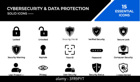Fünfzehn minimalistische solide Vektor-Icons für Cybersicherheit und Datenschutz, mit Symbolen wie verschlossenen und geöffneten Vorhängeschlössern, Sicherheitsschildern, fa Stock Vektor
