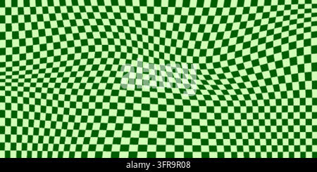 Ein Vektorhintergrund mit einem verzerrten, welligen Karomuster in Grüntönen. Das geometrische Gitter ist mit einer flüssigen oder biegenden Optik verzerrt Stock Vektor