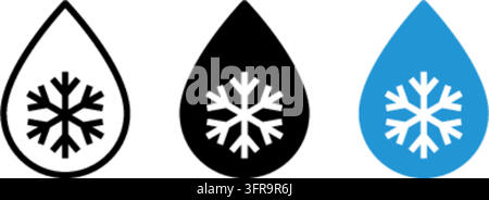 Satz von drei minimalistischen Vektor-Icons mit Wassertropfen, die Schneeflocken enthalten, dargestellt im Umriss-, im massiven Schwarz- und im massiven Blaustil auf weißem Hintergrund Stock Vektor