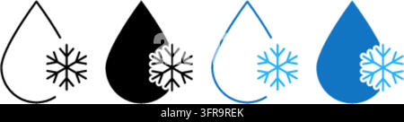 Vier minimalistische Vektorsymbole mit Wassertropfen, kombiniert mit Schneeflocken, in verschiedenen Umriss- und Vollfarbenstilen, einschließlich Schwarz und Blau Stock Vektor