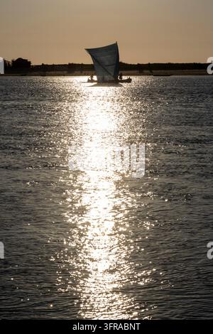 Traditionelle Segelpirogue als Silhouette vor einem goldenen Sonnenuntergang über ruhigen Küstengewässern, Menabe, Belo sur Mer, Madagaskar Stockfoto