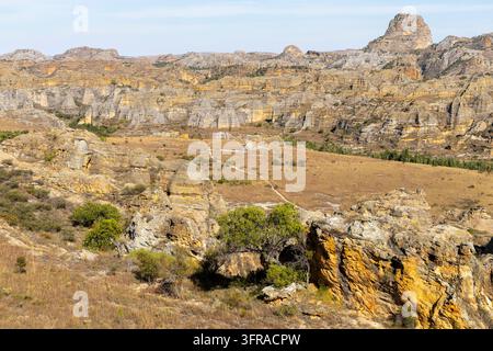 Eine Panoramablickaufnahme zeigt eine raue Schlucht aus geschichteten Sandsteingipfeln, die eine grasbewachsene Ebene mit einem sich windenden Pfad im Isalo-Nationalpark, Ihorombe, umgibt Stockfoto