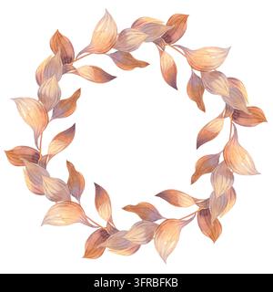 Aquarell-Autumnblattkranz in warmen Beige- und Brauntönen mit gebogenem Rankenrahmen und zarter Pinseltextur, organisiert als kreisförmiger Rand für Stockfoto