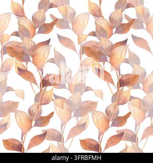 Aquarellbotanisches Blattmuster in warmen Beige- und Malven-Tönen mit überlappenden Stielen und weichen Highlights für Textil- oder Tapetenverwendung und Oberfläche Stockfoto