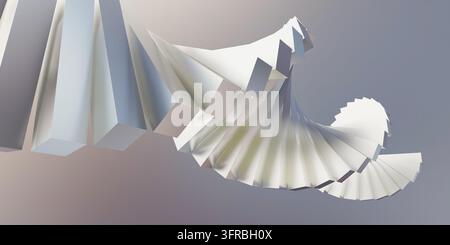Abstrakte 3D-Darstellung eines geometrischen Hintergrunds mit weißen und silbernen verdrehten spiralförmigen Strukturen, Konzept einer Wendeltreppe, minimalistisches Design. Stockfoto