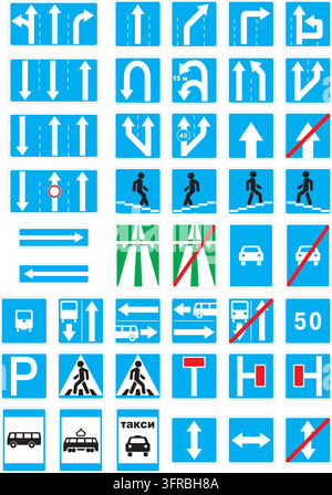 Vektorinformationen und Richtungsschilder .Autobahn, Bewegungsrichtung, Straßenende, Geschwindigkeit, Fußgängerüberweg, Parken Stock Vektor