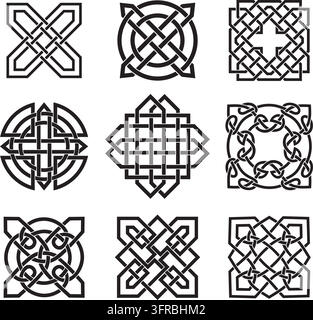 Vektor schwarz monochromes Set von keltischen Knoten. Ornamente alter europäischer Völker. Zeichen und Symbole der Iren, Schotten, Briten, Franken. Stock Vektor