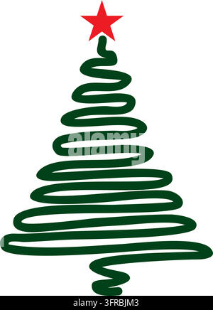 Vektor grüner Weihnachtsbaum, mit einer Linie gezeichnet. Festlicher Baum. Fichte mit einem roten Stern oben. Stock Vektor