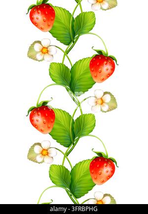 Nahtloses vertikales Bordürenmuster mit roten Erdbeeren, weißen Blumen und grünen Blättern. Stockfoto