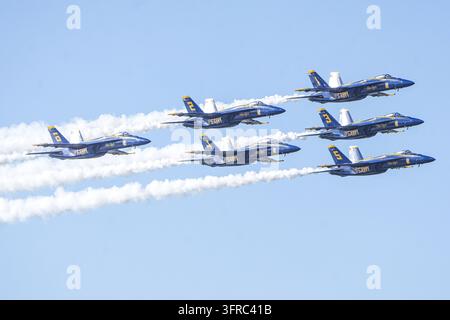San Francisco, Vereinigte Staaten. 10. Okt., 2026. Die Kampfjets der Blue Angels fliegen über den Himmel von San Francisco. Menschen versammeln sich entlang des Ufers, um die San Francisco Fleet Week Air Show zu beobachten, bei der Flugzeuge, darunter die U.S. Navy Blue Angels, am Himmel über der Stadt ihre Vorführungen abhalten. Die jährliche Veranstaltung ist Teil der San Francisco Fleet Week, die das U.S. Militär feiert und die Männer und Frauen ehrt, die in den Streitkräften dienen. Credit: SOPA Images Limited/Alamy Live News Stockfoto
