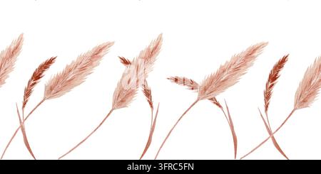Aquarell-nahtlose Bordüre mit staubigem rosa Pampasgras und Terrakotta-Wildgrasstängeln auf weißem Hintergrund. Boho-botanisches Design für Textilien Stockfoto