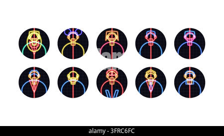 Abstrakte Neon-Stil-Symbol-Vektorsammlung mit leuchtenden geometrischen Formen und Cyber-Charakteren in kreisförmigen Rahmen auf einem dunklen Hintergrundraster fo Stock Vektor