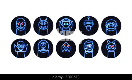 Neon-Stil-Symbol-Vektor-Sammlung mit Alien-, Vampir-, Roboter-, Geister- und Mumien-Charakteren. Leuchtende blaue Linienkunst auf dunklem kreisförmigem Gitterhintergrund Stock Vektor