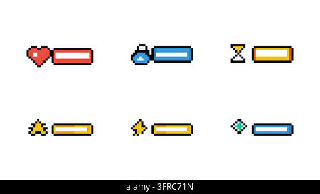 Satz von Pixel-Art-Spiel-Statusleisten und Fortschrittsleisten mit Herz-, Mana-, Stern- und Blatt-Symbolen für Retro-RPG-Benutzeroberflächendesign. Professionelle Vektorgrafik fo Stock Vektor