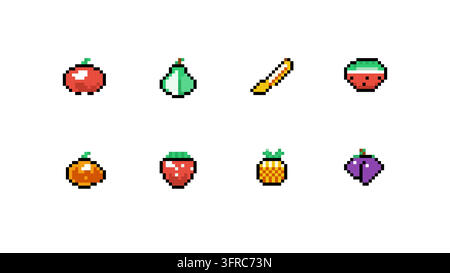 Ein hochwertiges Vektor-Pixel-Art-Frucht-Symbolset mit Symbolen für eine Generika-Marke, Birne, Banane, Wassermelone, Orange, Erdbeere, Ananas und Pflaume für Stock Vektor