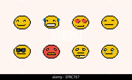 Satz von Pixel-Art-Emoji-Symbolen für Spieloberflächen und Social-Media-Kommunikation. Retro-8-Bit-Emoticons-Vektor einschließlich glücklich, weinend, wütend, Herzaugen Stock Vektor