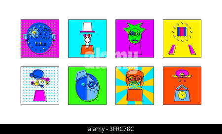Bunte Cartoon-Profil-Avatar-Symbol-Sets mit verschiedenen Pop-Art-Porträts, Robotern und Tiercharakteren in hellen Panelen. Stock Vektor