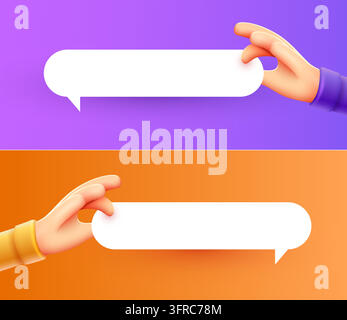 3D-Cartoon-Hand, die eine Sprechblase auf einem lila Hintergrund hält, für Ihre Nachricht oder Werbung. Vektorillustration Stock Vektor