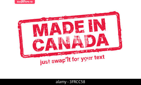 Roter abgenutzter Gummistempel mit der Aufschrift „Made in Canada“, mit bearbeitbaren fetten Buchstaben, rauer Tintenrahmen und einem kleinen Platzhalter-Slogan. Stock Vektor