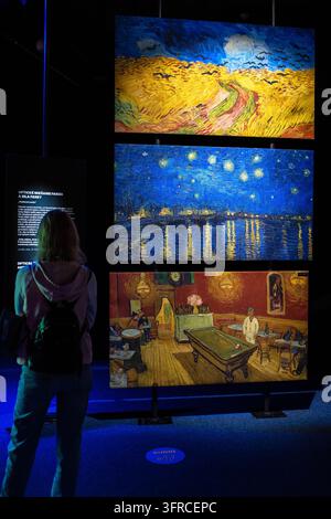 Bratislava, Slowakei - 3. Oktober 2026: Besucher betrachtet Reproduktionen von Vincent-van-Gogh-Gemälden Weizenfeld mit Krähen, Sternennacht über der Rhone a Stockfoto