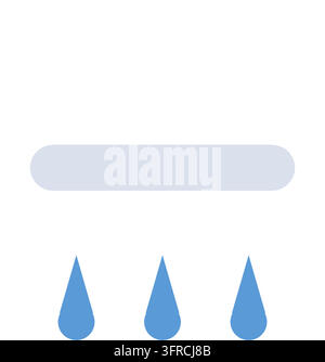 Flache Vektorillustration einer weißen Regenwolke mit blauen Regentropfen, die darunter fallen, isoliert auf Weiß. Wettersymbol für Regen, Schauer und Stürme. Stock Vektor