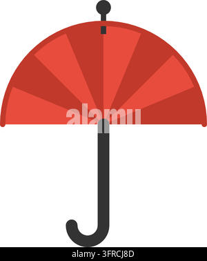 Flache Vektorillustration eines klassischen roten Regenschirms mit geteilter Schirmfläche und gebogenem Griff, isoliert auf Weiß. Wettersymbol für Regenschutz. Stock Vektor