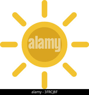 Flache Vektorillustration einer hellen gelben Sonne mit acht abgerundeten Strahlen, isoliert auf Weiß. Wetter-Symbol für Sonnenschein, Sommer und klaren Himmel. Stock Vektor