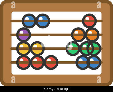 Holzener Abakusrahmen mit Stäben und bunten Zähnen, flache Vektorillustration isoliert auf weißem Hintergrund. Mathematik-Bildungssymbole. Stock Vektor