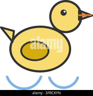 Flache Vektorillustration eines gelben Gummiente-Badespielzeugs mit einem orangefarbenen Schnabel auf Wasserwellen, isoliert auf weißem Hintergrund. Badezeit-Symbol. Stock Vektor