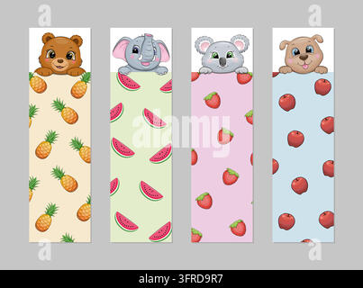 Satz von Lesezeichen mit Tieren und Früchten. Vektorillustration von Bär, Elefant, Koala, Hund mit Apfel, Erdbeere, Wassermelone und Ananas. Stock Vektor