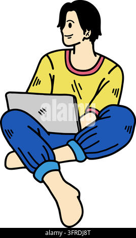 Ein Mann sitzt und arbeitet an einem Laptop Stock Vektor