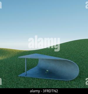 Leerer Stuhl auf einem Feld oder einer Wiese auf grünem Gras. Sonnenuntergangshimmel. Abstraktes surrealistisches Bild. Hintergrund mit Kopierraum. 3D-Rendering, 3D-Rendering Stockfoto