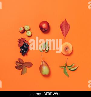 Herbstliche saisonale Früchte Äpfel Birnen Trauben gefallene Blätter mit Muster auf einem leuchtend orangefarbenen Hintergrund. Erntedankkonzept. Herbstlicher Vintage-Flachlayout Stockfoto