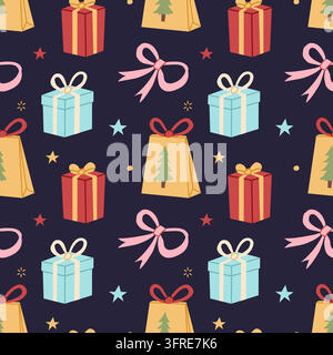 Weihnachtsgeschenkboxen und Papiertüten Nahtloses Muster Stock Vektor