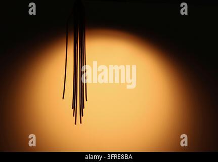 Abstrakter Hintergrund, der einen goldenen Kreis mit herabhängenden Fransen zeigt, mit Kopierraum. Stockfoto
