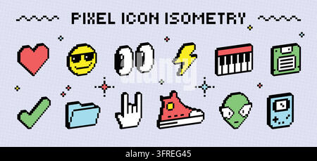 Pixel-süße Isometrie-Ikonen. Spiel-Emoji. 3D-Digitalkunst isolierter cooler Pfeilaufkleber, 90er-Computer-Desktop-Muster. Y2K-Bit-Badge, digitale Schnittstellengrafiken, Sneaker, Alien und Herz. Vektor-Design Stock Vektor