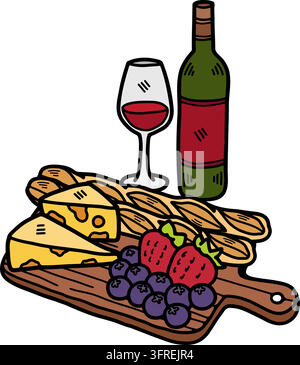 Käse, französisches Brot, Obst und Wein Stock Vektor