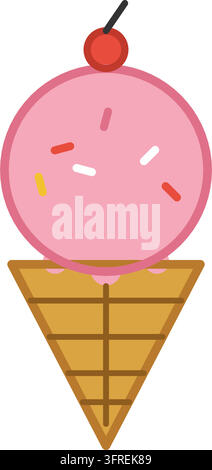 Flache Vektorillustration eines Eisbechers mit einer rosa Kugel, Streuseln und einer Kirsche oben drauf, isoliert auf weißem Hintergrund. Sommer-Dessert-Symbol. Stock Vektor