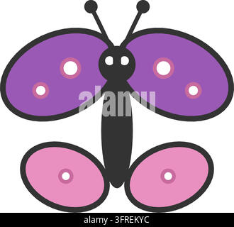 Flache Vektorillustration eines Schmetterlings mit lila und rosa gesprenkelten Flügeln und Antennen, isoliert auf weißem Hintergrund. Insekt- und Natur-Symbol. Stock Vektor