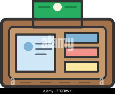 Flache Vektorillustration einer braunen Ledergeldbörse mit einer Banknote und Kreditkarten in den Fächern, isoliert auf weißem Hintergrund. Stock Vektor