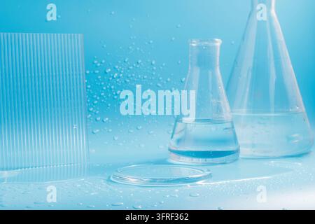 Leeres Podium mit Glaslaborgeschirr, Flaschen-Schalen-Plattform. Forschung und Entwicklung von Kosmetika im Labor. Reagenzgläser für wissenschaftliche Labore Stockfoto