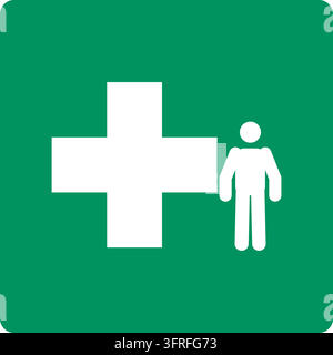 Grünes Sicherheitsschild mit einem Kreuz und einer Person. Eigenes Piktogramm im Stil der ISO 7010-Sicherheitsschilder; nicht das offizielle Standardsymbol. Stock Vektor