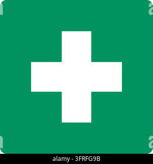 Grünes Sicherheitsschild mit einem weißen Kreuz. Eigenes Piktogramm im Stil der ISO 7010-Sicherheitsschilder; nicht das offizielle Standardsymbol. Stock Vektor