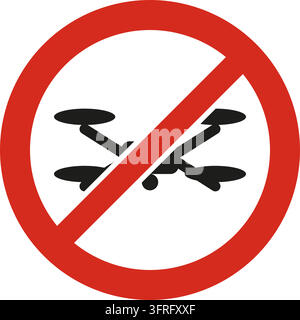 Rotes rundes Verbotszeichen mit diagonalem Balken und einem Quadcopter-Drohne. Eigenes Symbol im Stil der ISO 7010-Sicherheitsschilder; nicht das offizielle Sta Stock Vektor