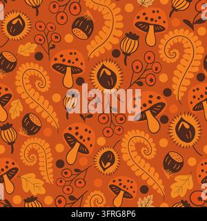 Herbsternte und Herbstsaison-Muster, Waldnatur-Hintergrund mit Pilzen, Kastanien, Beeren und Farnblättern in orange und braun Stockfoto